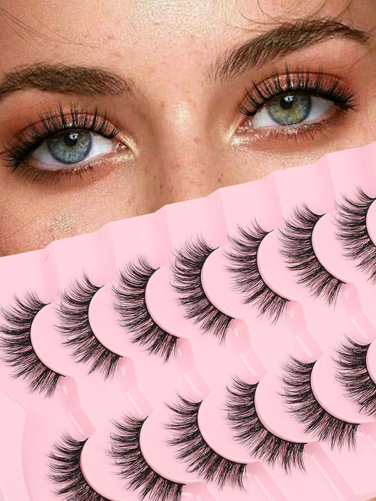 False Lashes Wispy Eyelashes Natural Look 15MM Fake Eyelash with 0.1MM Thin Band Lightweight 3D Volume Fluffy Eye Lashes C Curl Soft Lash Pack Siligli 7 Pair-FemmiqueWomen