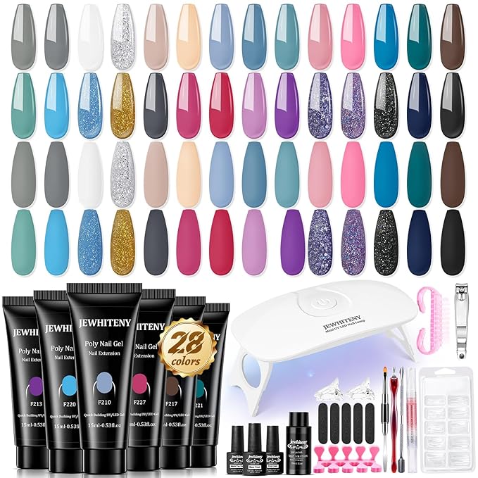 JEWHITENY Poly Gel Nail Kit 28 Colors Nude Gray Glitter with Nail Lamp Base Top Coats Builder Gel All-In-One Set Ideal for Designs DIY At Home Need U V Lamp Curing-FemmiqueWomen