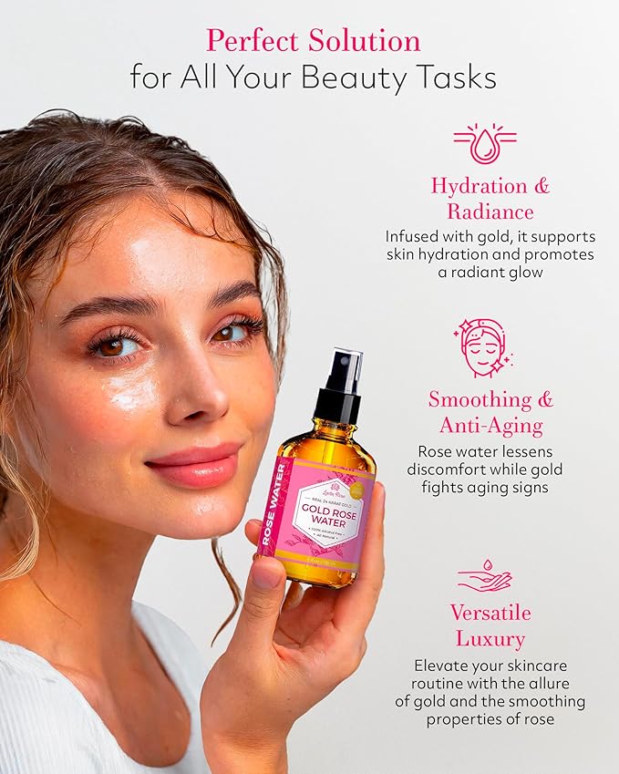 24 Karat Gold Rose Water Toner by Leven Rose Natural Moroccan 24K Rosewater Toner 4 oz-FemmiqueWomen