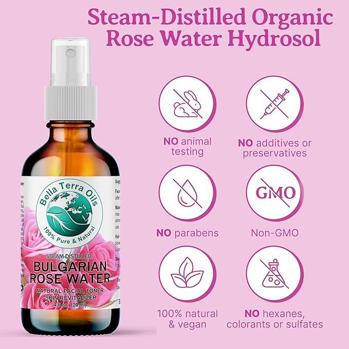 Bella Terra Oils - Organic Rose Water Mist 4 oz - Capture The Bulgarian Rose Essence, Perfect as a Gentle Rosewater Face Mist, Free from Synthetics-FemmiqueWomen