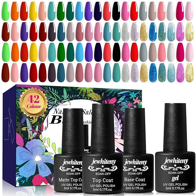 JEWHITENY 45 PCS Gel Nail Kit with 42 Colors Nail Polish Set Green Blue Red Pink Collection Gifts for Women-FemmiqueWomen