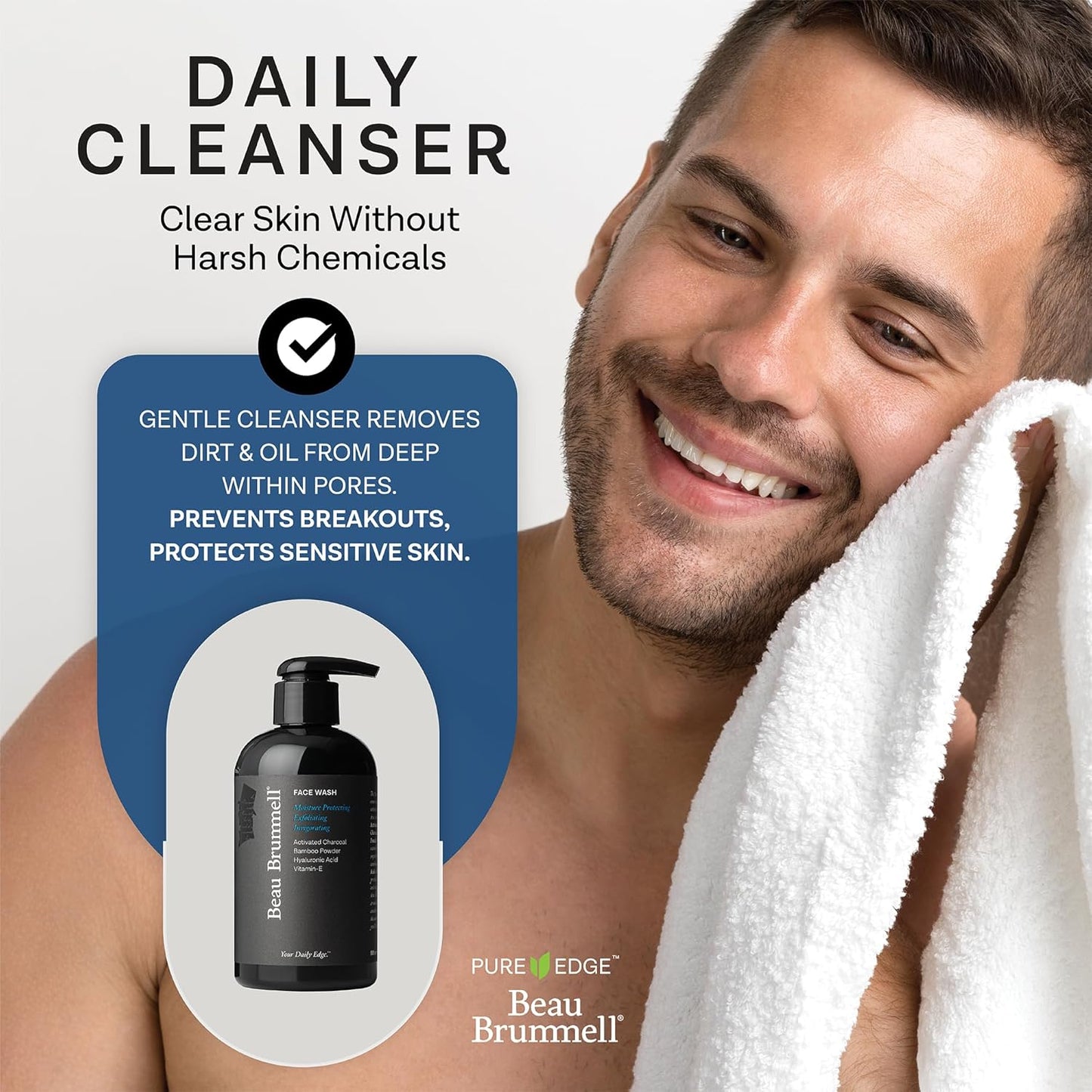 Beau Brummell for Men's Activated Charcoal Face Wash | Gentle Exfoliating Cleanser with Hyaluronic Acid, Bamboo Powder, Marine Plankton Extract, Vitamins A & E | 8 fl oz, Made in USA-FemmiqueWomen