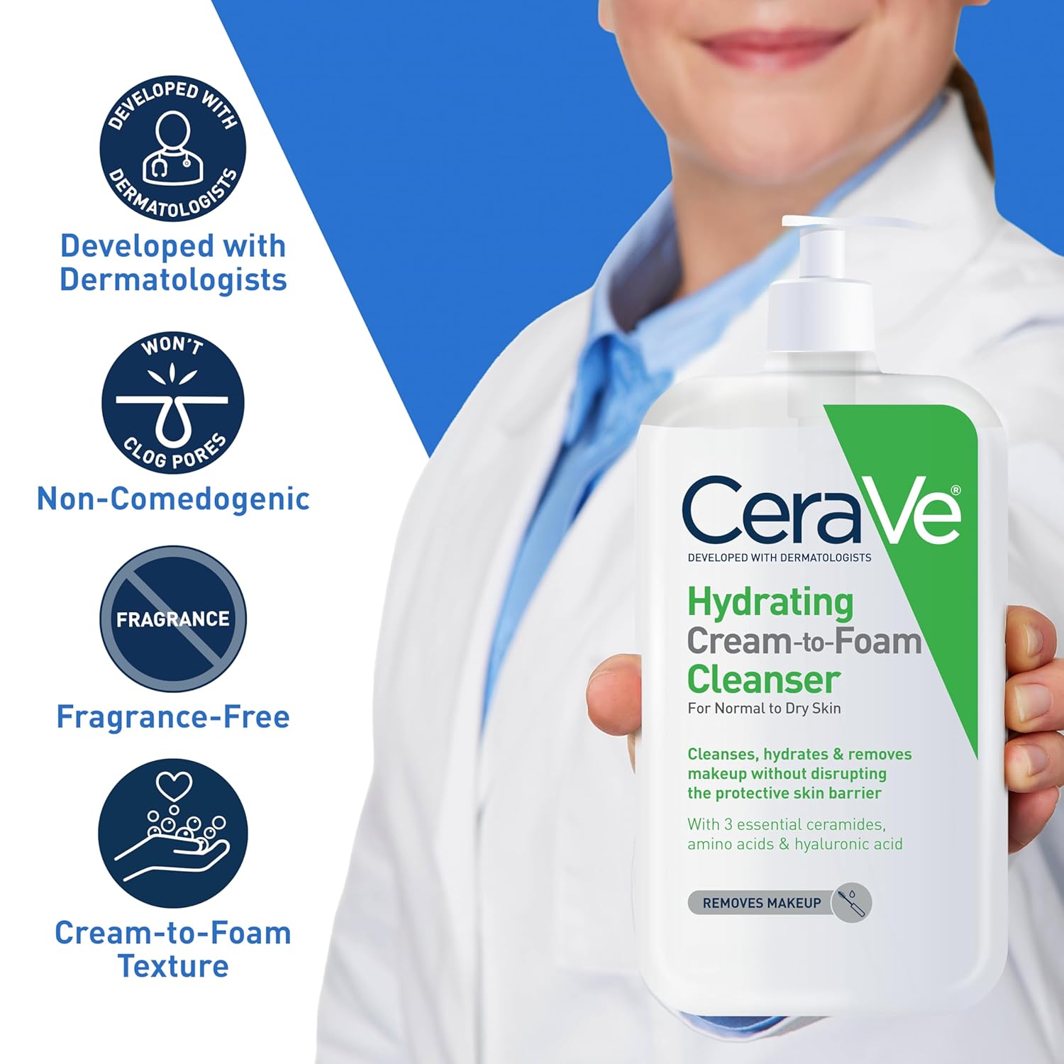 CeraVe Hydrating Cream To Foam Cleanser, Makeup Remover Face Wash For Dry Skin, Foaming Facial Cleanser With Hyaluronic Acid, Normal To Dry Skin, Fragrance Free & Non Comedogenic, 8 Fluid Ounces-FemmiqueWomen