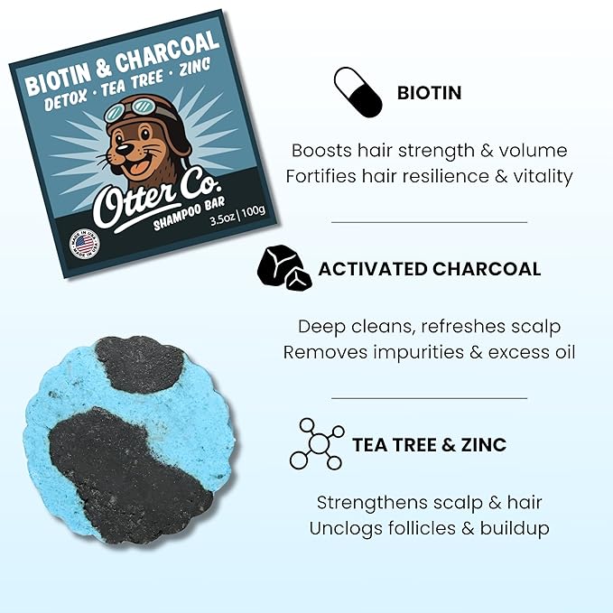 Otter co. Biotin Detox Shampoo Bar – Charcoal & Tea Tree Oil, Rosemary, Turmeric, Green Tea, Zinc – Vegan, Sulfate Free & Non Toxic – Women and Mens Shampoo, All Hair Types, Made in USA-FemmiqueWomen