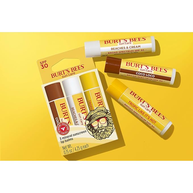 Burt’s Bees SPF 30 Lip Balm Mothers Day Gifts for Mom, Island Getaway - Coco Loco, Beaches & Cream, Tropic Like It's Hot, Water-Resistant Sun Care, Natural Origin Lip Treatment, 3 Tubes, 0.15 oz-FemmiqueWomen