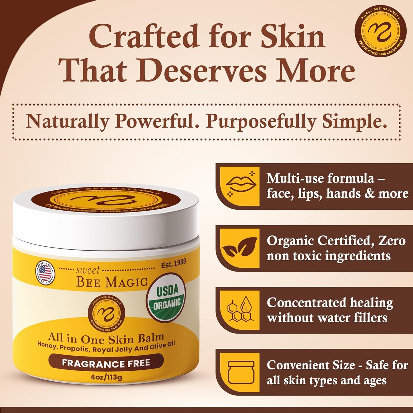 Sweet Bee Magic All In One Healing Organic Balm - Natural Skin Healing Cream, Beeswax Balm for Dry Skin, Face & Body Moisturizer - Certified Organic, All Natural Aid- 3 Jars (4oz Each, 12oz Total)-FemmiqueWomen