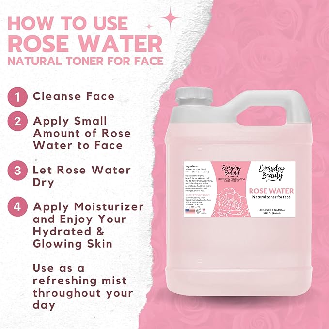 Rose Water Facial Toner - 32oz Bulk Alcohol-Free Vegan All Natural Refreshing for Face and Hair - Uplifts, Calming & Soothing for All Skin Types-FemmiqueWomen