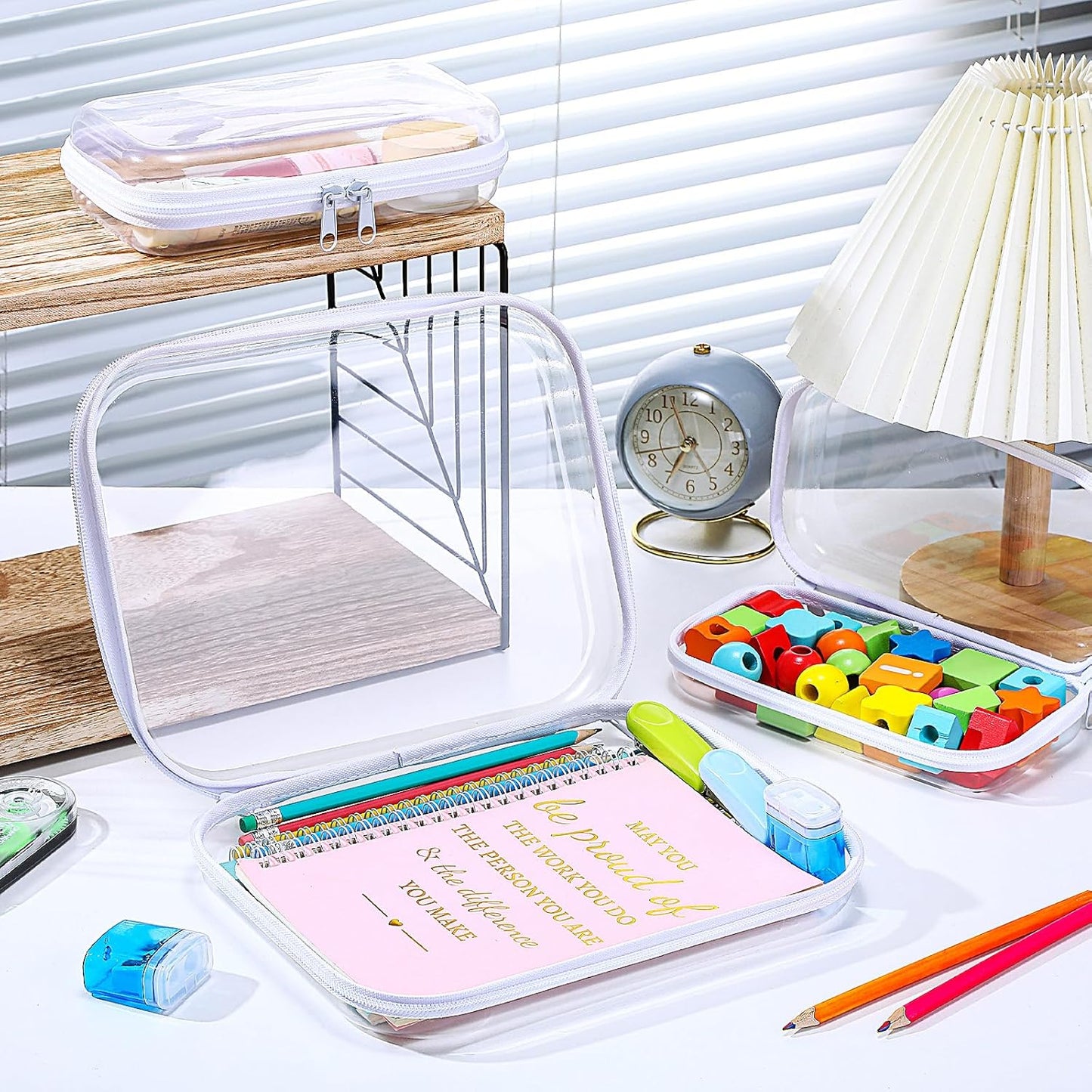 Hoolerry 3 Pcs Clear Hard Zipper Case Plastic Pouch Transparent Hard Case Clear Makeup Bag Portable Travel Organizer Bin for Cosmetics, Building Blocks, Puzzles(White,Mss)-FemmiqueWomen