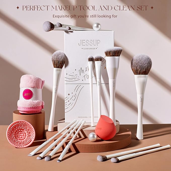 Jessup Makeup Brushes Set 14pcs Highend Makeup Gift Set for Women Include Foundation Concealer Blush Contour Powder Eye Shadow Brush, Makeup Sponge, Makeup Brush Cleaner and Towel, Pearl White T333-FemmiqueWomen