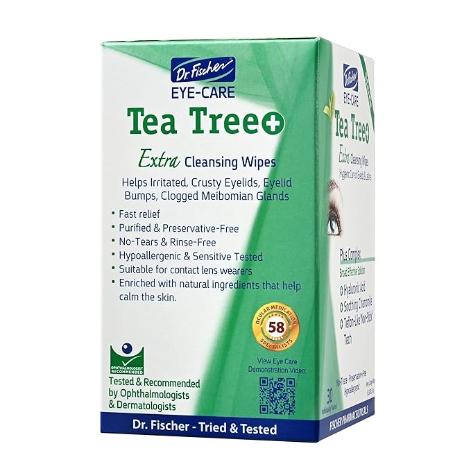 Dr. Fischer Tea Tree Oil Eye Wipes - Eyelid Wipes for Sensitive Eyes with Hyaluronic Acid and Chamomile, Makeup Remover, Daily Cleanser (60 wipes)-FemmiqueWomen