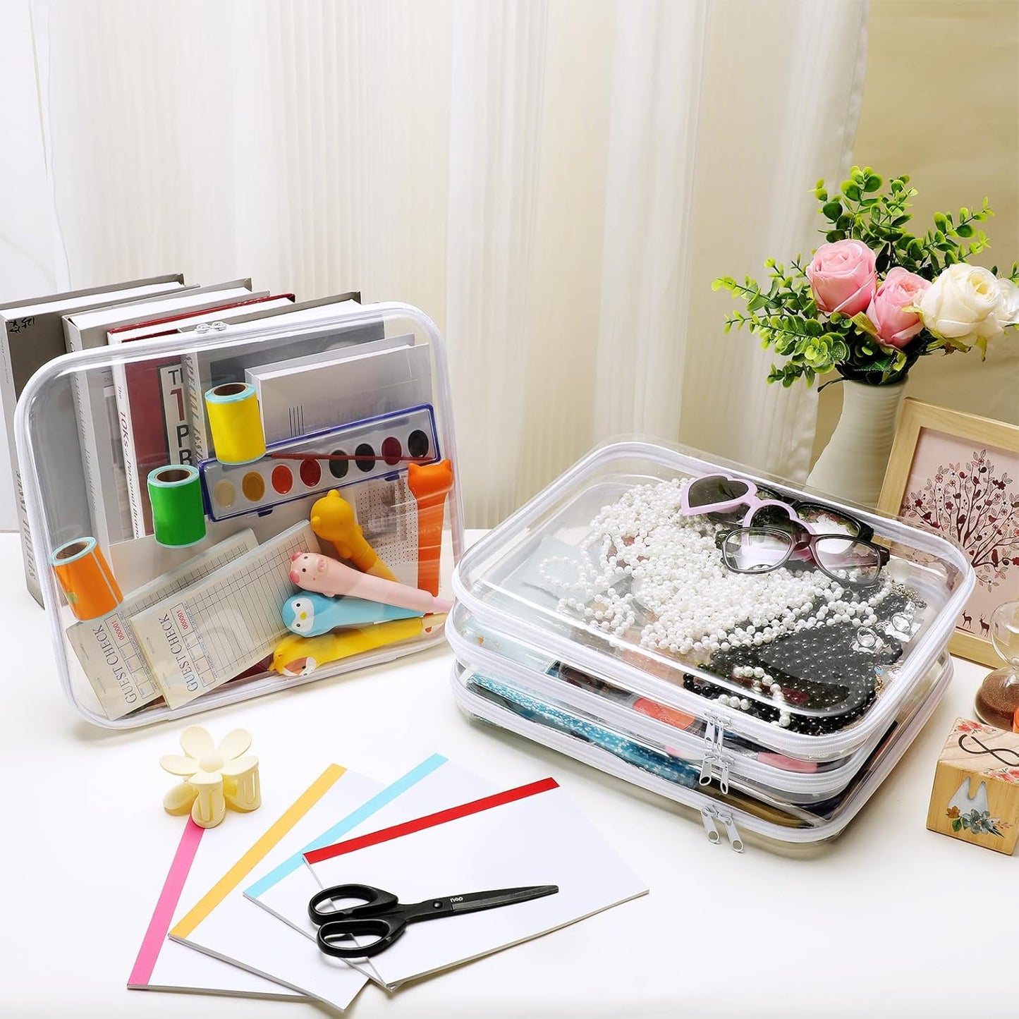 Hoolerry 4 Pcs Hard Clear Zipper Case Makeup Bags Plastic Pencil Pouch Transparent Storage Box Containers for Cosmetics, Snacks, Building Blocks, Puzzles(White,13.8 x 11.8 x 2 in)-FemmiqueWomen