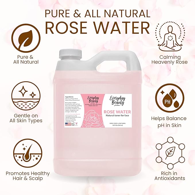Rose Water Facial Toner - 32oz Bulk Alcohol-Free Vegan All Natural Refreshing for Face and Hair - Uplifts, Calming & Soothing for All Skin Types-FemmiqueWomen