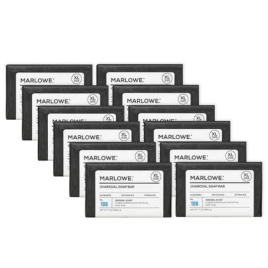 MARLOWE. No. 106 Charcoal Soap 7 oz (12 Bars) Body Bar Soap for Men, Cleansing, Purifying & Hydrating with Natural Extracts, Shea Butter, Olive Oil & Green Tea Extracts, Fresh Woodsy Scent-FemmiqueWomen