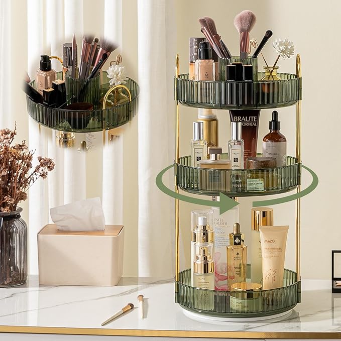 Rotating Makeup Organizer for Vanity, High-Capacity Skincare Clear Make Up Storage Perfume Organizers Cosmetic Dresser Organizer Countertop 360 Spinning (Green, New-3 Tier)-FemmiqueWomen