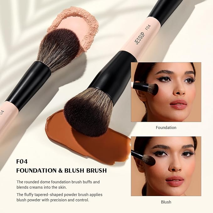 Jessup Face Makeup Brushes 3pcs Double Ended Makeup Brush Set for Foundation Contour Blush Highlight and Powder, Premium Synthetic Make up Brushes Peach Dust T508-FemmiqueWomen