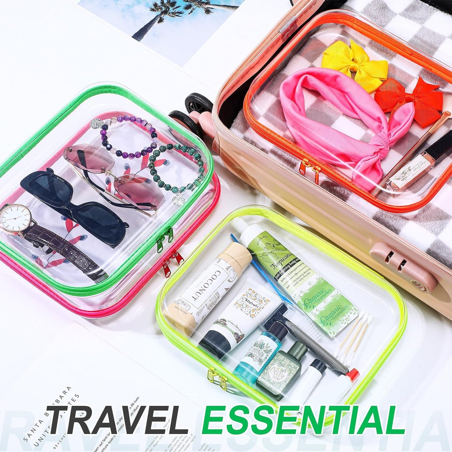 Hoolerry 4 Pcs Hard Clear Zipper Case Makeup Bags Plastic Pencil Pouch Transparent Storage Box Containers for Cosmetics, Snacks, Building Blocks, Puzzles(Fluorescent,9.8 x 7.9 x 2 in)-FemmiqueWomen