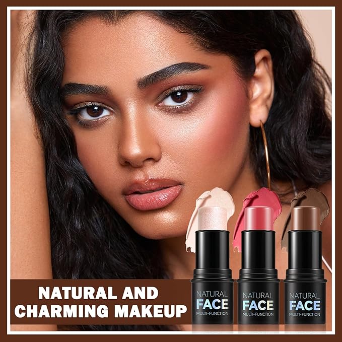 3PCS Cream Contour Stick Makeup Kit Face Highlighter Bronzer Blush Stick Long Lasting Illuminator Highlighters Makeup Stick for All Skin Tones(02 Champagne Gold+05 Rugosa Rose+06 Espresso)-FemmiqueWomen