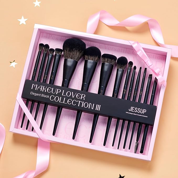 Jessup Makeup Brushes Set Jessup Make up Brushes 14Pcs Black Kabuki Foundation Eyeshadow Contour Concealer Powder Eyeliner Crease Eyebrow Blending Brush with Gift Box, T336-G-FemmiqueWomen