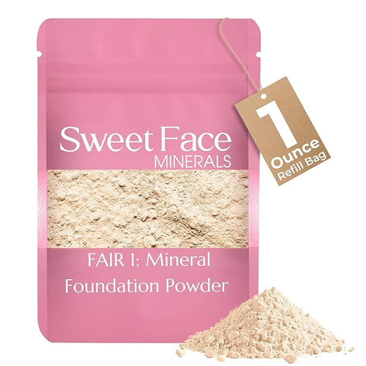 1 Ounce Fair Shade 1 Foundation Powder Refill By Sweet Face Minerals, Lightweight Mineral Loose Makeup Powder with SPF 20, Full Coverage Flawless Finish, Talc-free, Cruelty-Free, Refill Pouch-FemmiqueWomen