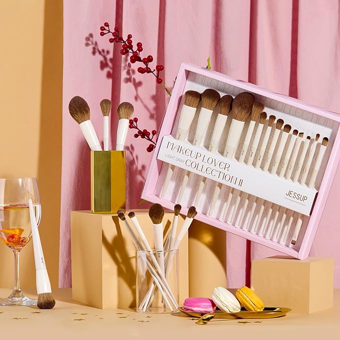 Jessup Makeup Brushes 14Pcs Makeup Brush Set Premium Synthetic Powder Foundation Contour Blush Concealer Eye Shadow Blending Liner Make Up Brush Kit Light Grey with Gift Box, T329-G-FemmiqueWomen