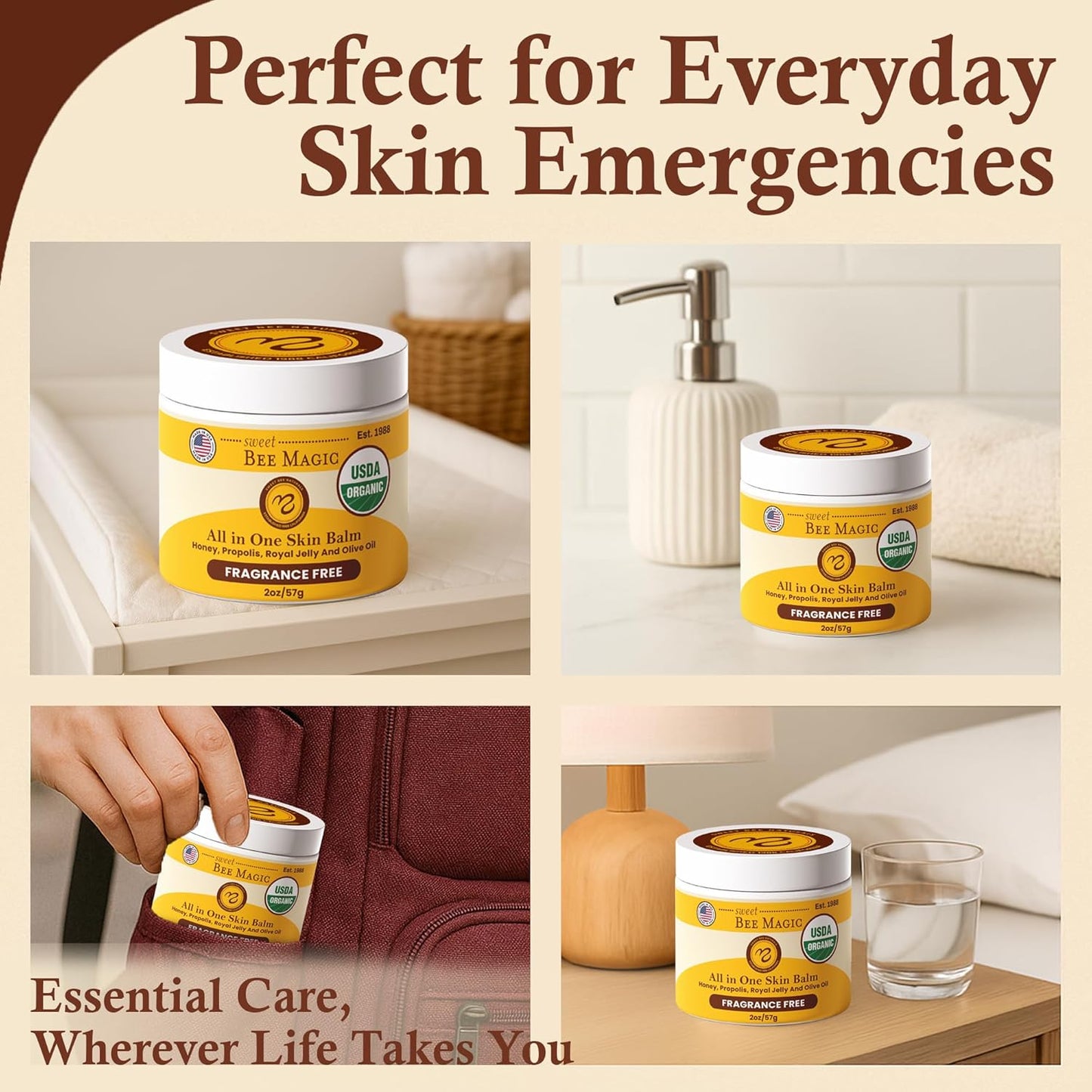 Sweet Bee Magic All In One Healing Organic Balm - Natural Skin Healing Cream, Beeswax Balm for Dry Skin, Face & Body Moisturizer - Certified Organic, All Natural Aid - 6 Jars - (2oz Each, 12oz Total)-FemmiqueWomen