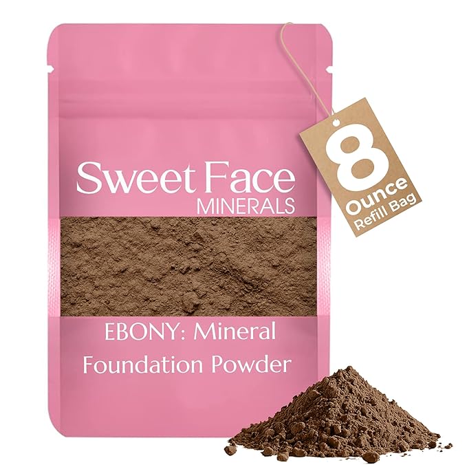 (8 Ounce) (EBONY) Foundation Powder Refill By Sweet Face Minerals, Lightweight Mineral Loose Makeup Powder with SPF 20, Full Coverage Flawless Finish, Talc-free, Cruelty-Free, Refillable Pouch-FemmiqueWomen