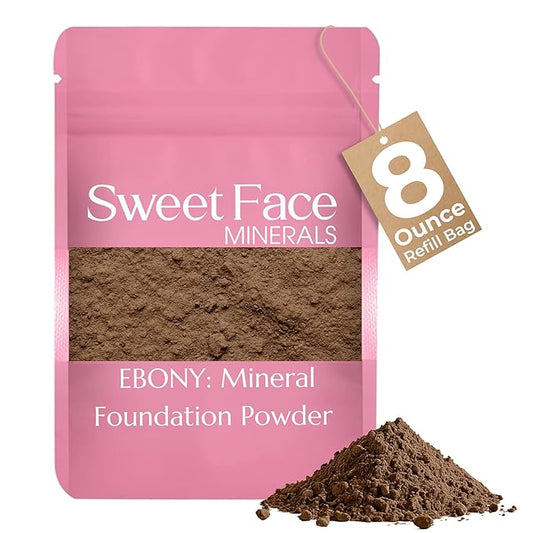(8 Ounce) (EBONY) Foundation Powder Refill By Sweet Face Minerals, Lightweight Mineral Loose Makeup Powder with SPF 20, Full Coverage Flawless Finish, Talc-free, Cruelty-Free, Refillable Pouch-FemmiqueWomen