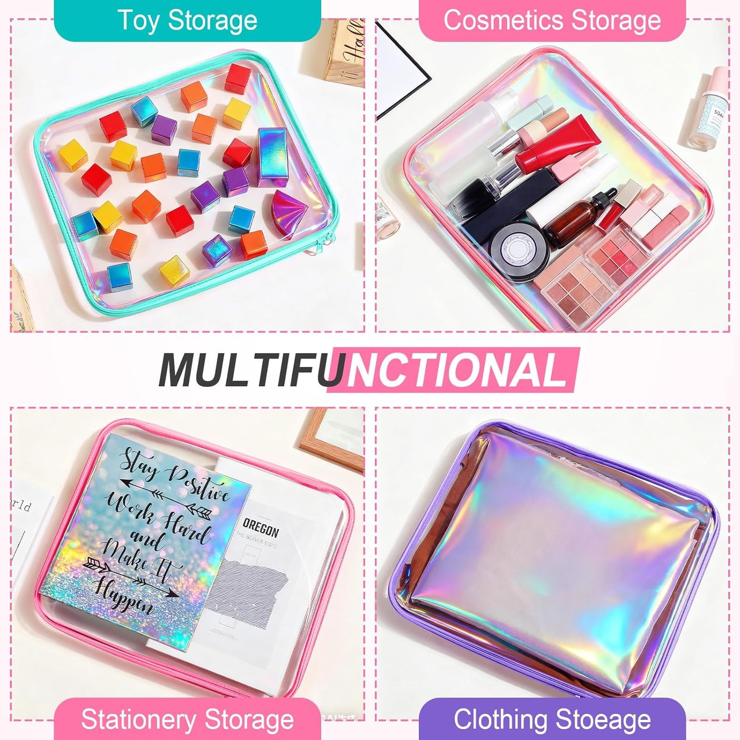 Hoolerry 3 Pcs Clear Hard Zipper Case Plastic Pouch Transparent Hard Case Clear Makeup Bag Portable Travel Organizer Bin for Cosmetics, Building Blocks, Puzzles(Laser,L)-FemmiqueWomen