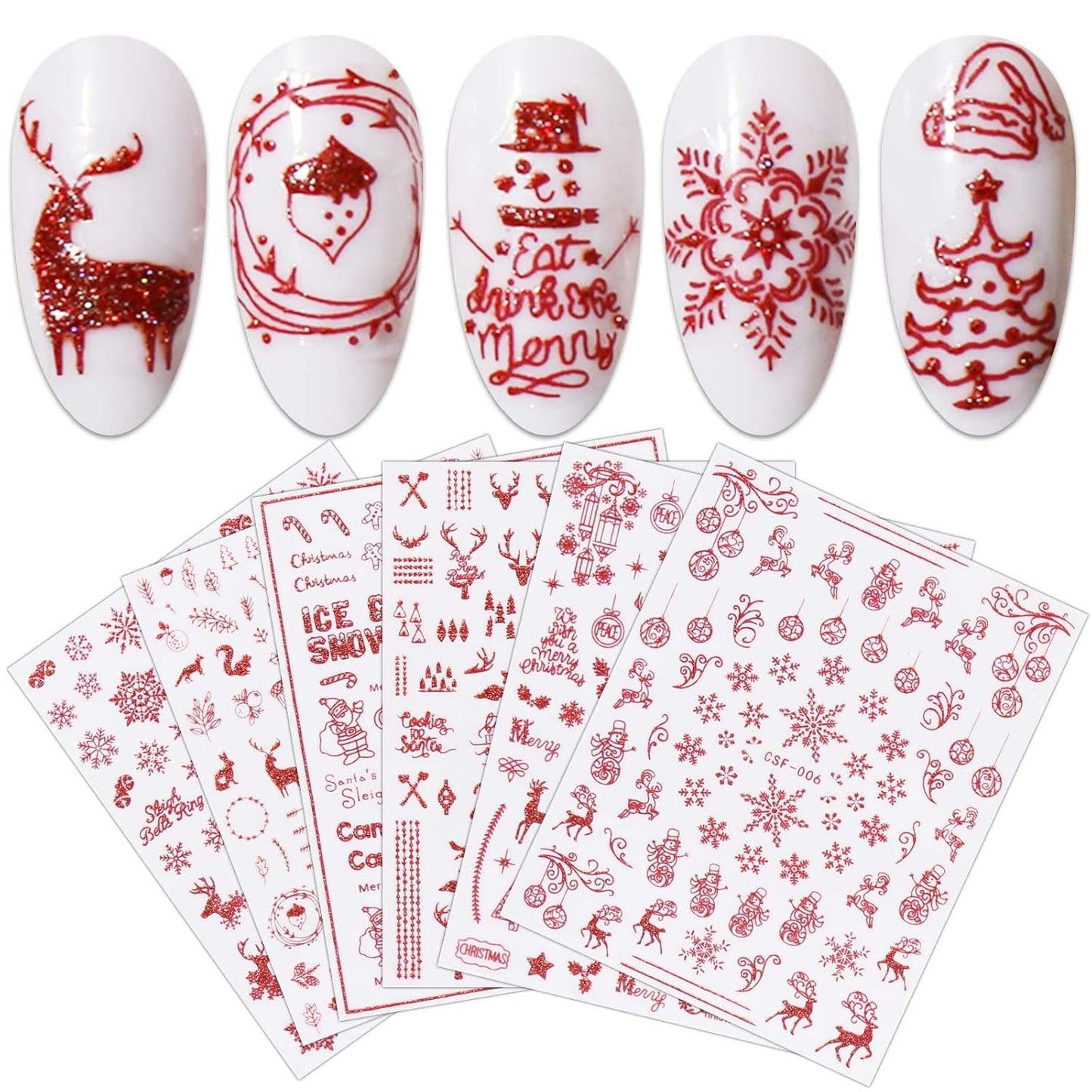 JMEOWIO 9 Sheets Christmas Glitter Nail Art Stickers Decals Self-Adhesive Red Nail Supplies Nail Art Design Decoration Accessories-FemmiqueWomen
