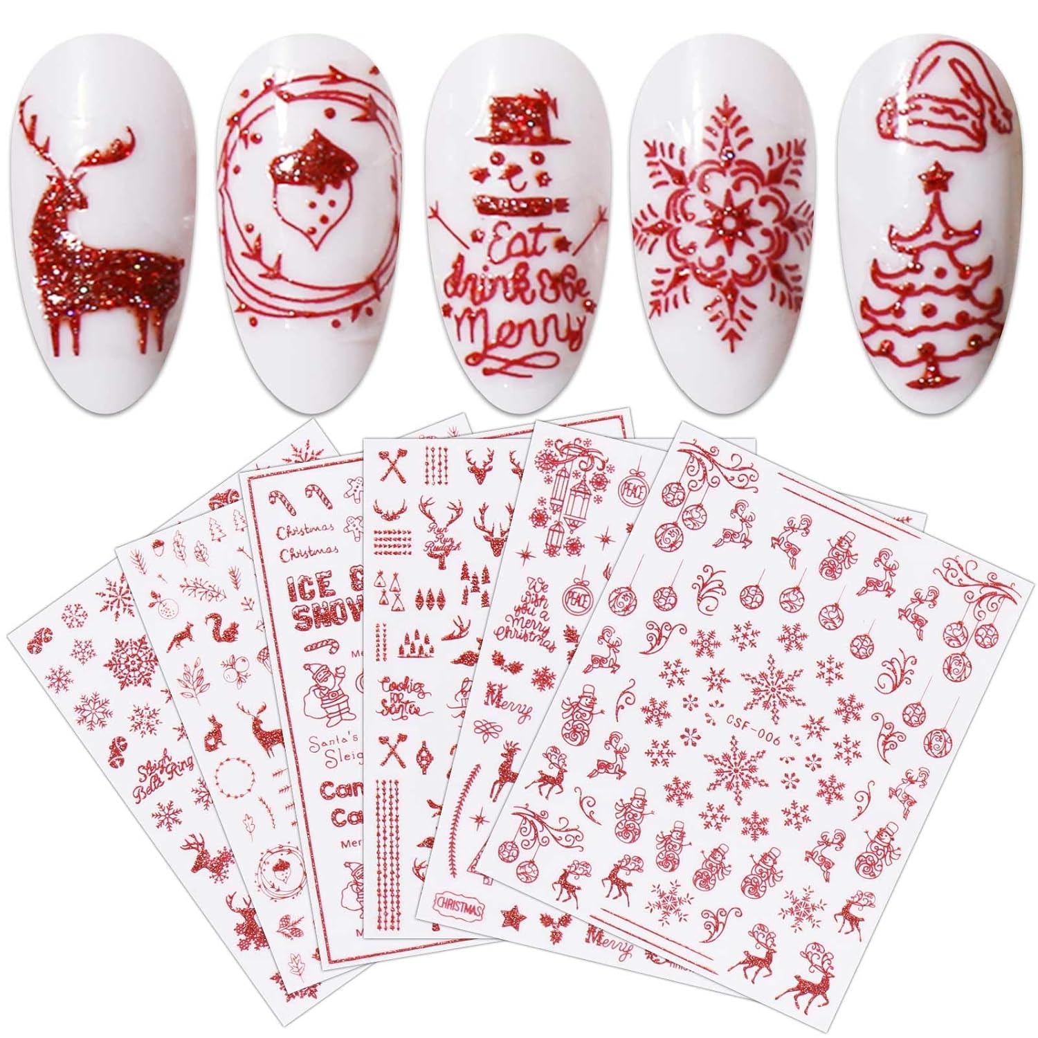 JMEOWIO 9 Sheets Christmas Glitter Nail Art Stickers Decals Self-Adhesive Red Nail Supplies Nail Art Design Decoration Accessories-FemmiqueWomen