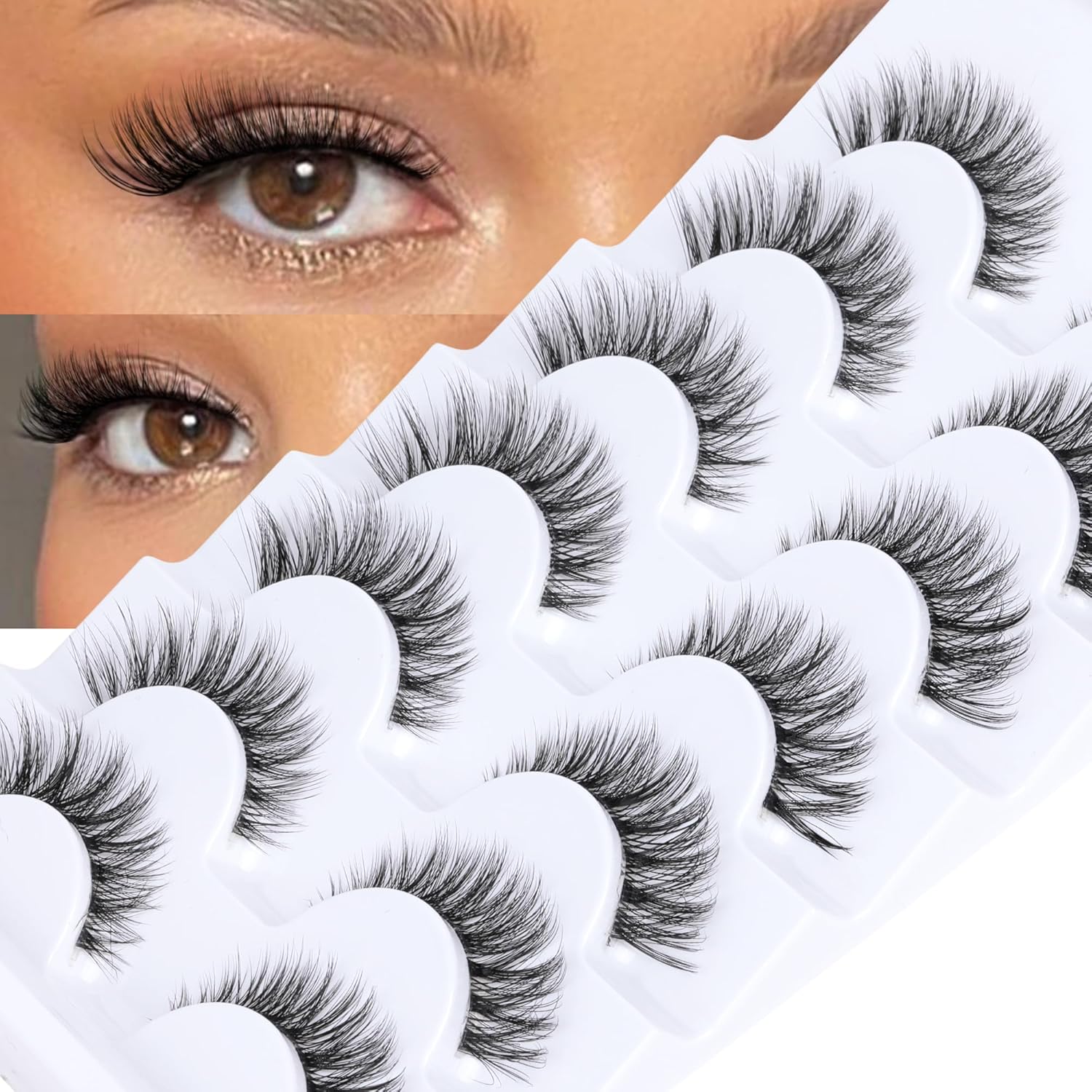 JIMIRE Lashes with Clear Band Demi-Wispies Fluffy Faux Mink Eyelashes Wispy Cat-Eye False Eyelashes Natural Look 7 Pairs Pack-FemmiqueWomen