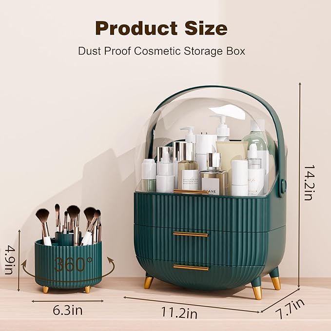 Makeup Organizers and Storage Make up Organizer for Vanity Cosmetics Skincare With Lid and Drawers Display Cases for Countertop Bathroom Women Teenager Girl Gifts(Dark Green+Brush Holder)-FemmiqueWomen