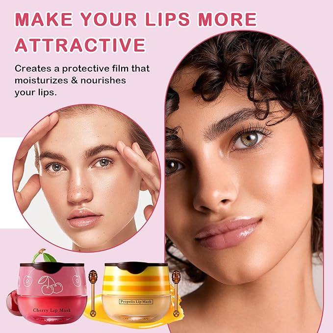 2PCS Bee Lip Balm Honey Pot Cherry Honey Lip Balm Sleeping Lip Mask Silky Hydrating Bee Lip Balm Honey Lip Mask Overnight Lip Care Products(Honey+Cherry)-FemmiqueWomen