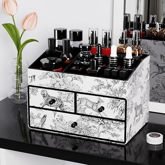 GORESE Leather Makeup Organizer with 3 Drawers for Vanity, Stackable Skincare Holder Dresser Organizer Countertop, Make Up Storage Organizers Counter Cosmetic Display Case Gift for Women(Retro Black)-FemmiqueWomen