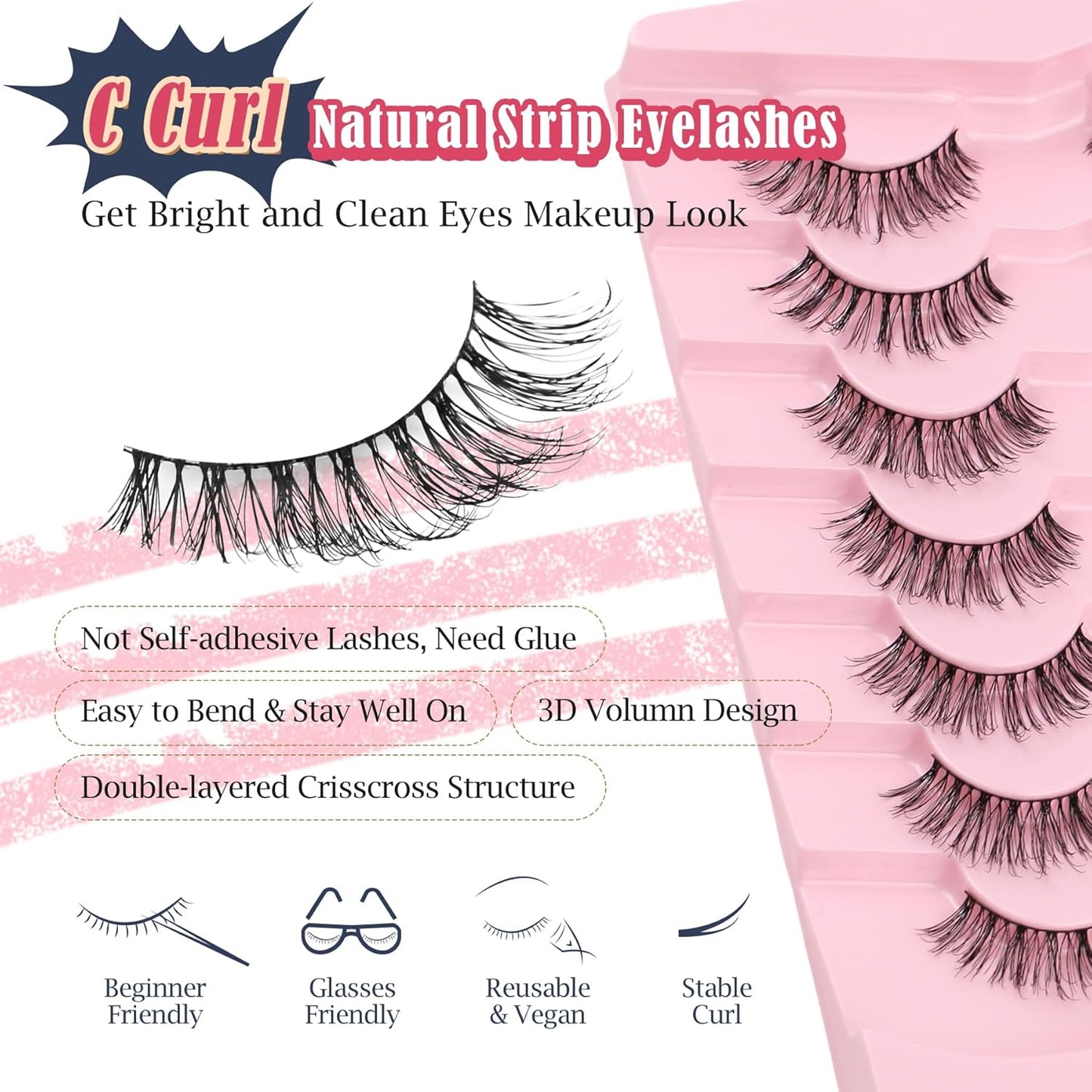 Natural Eyelashes 3D Volume Fake Lashes Lash Strips 7 Pair Siligli-FemmiqueWomen
