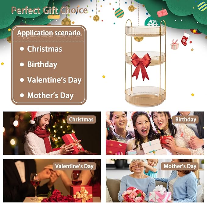 Rotating Makeup Organizer for Vanity, High-Capacity Skincare Clear Make Up Storage Perfume Organizers Cosmetic Dresser Organizer Countertop 360 Spinning (Gold, 3 Tier)-FemmiqueWomen