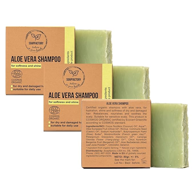 SoapFactory Organic Solid Shampoo Bar for thinning Hair, Hair Soap with Aloe Vera for Men and Women, 100% Natural, Vegan, Handmade, Plastic Free, 3 ounce (Pack of 3)-FemmiqueWomen