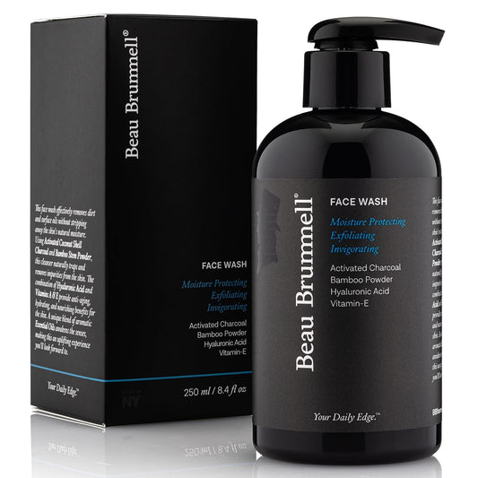 Beau Brummell for Men's Activated Charcoal Face Wash | Gentle Exfoliating Cleanser with Hyaluronic Acid, Bamboo Powder, Marine Plankton Extract, Vitamins A & E | 8 fl oz, Made in USA-FemmiqueWomen