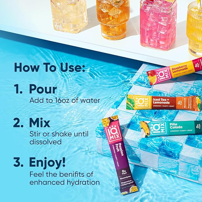 IQMIX Hydration Electrolyte Powder – 4-in-1 Formula for Hydration, Mental Clarity, Mood and Recovery – Sugar-Free Drink Mix, Keto, Magnesium L-Threonate, Lion’s Mane – 20 Count Vacation Variety Pack-FemmiqueWomen