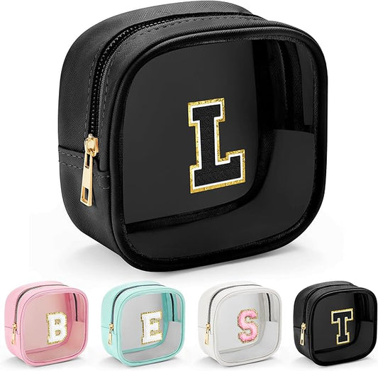YOOLIFE Initial Makeup Bag Travel Toiletry Bag, Clear Makeup Bag Car Accessories For Women Clear Makeup Bags With Zipper Girlfriend Teacher 13 Year Old Girl Gifts Daughter Girl Gifts Mini Black L-FemmiqueWomen