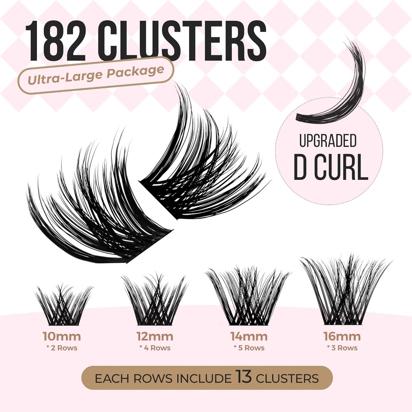 PopUp Lash-Extension-Clusters 182pcs D Curl Lash Clusters Natural Look Cluster Lashes Extensions Super Thin Band & Soft Lashes Reusable 9-16mm MIX (C163)-FemmiqueWomen