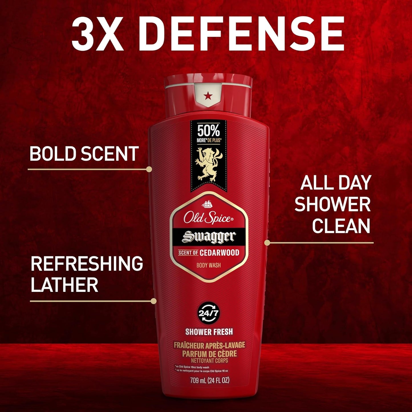 Old Spice Refreshing Body Wash for Men, 3X Defense, 24/7 Shower Fresh with Long Lasting Scent, Red Collection, Swagger with Cedarwood Scent, 24 oz (Pack of 2)-FemmiqueWomen