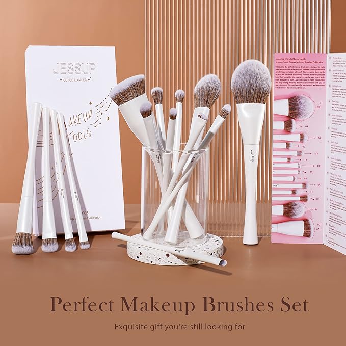 Jessup Makeup Brushes Set 14pcs Make up Brushes Premium Synthetic Foundation Concealer Blush Contour Powder Eye Shadow Blending Brush, Pearl White T343-FemmiqueWomen