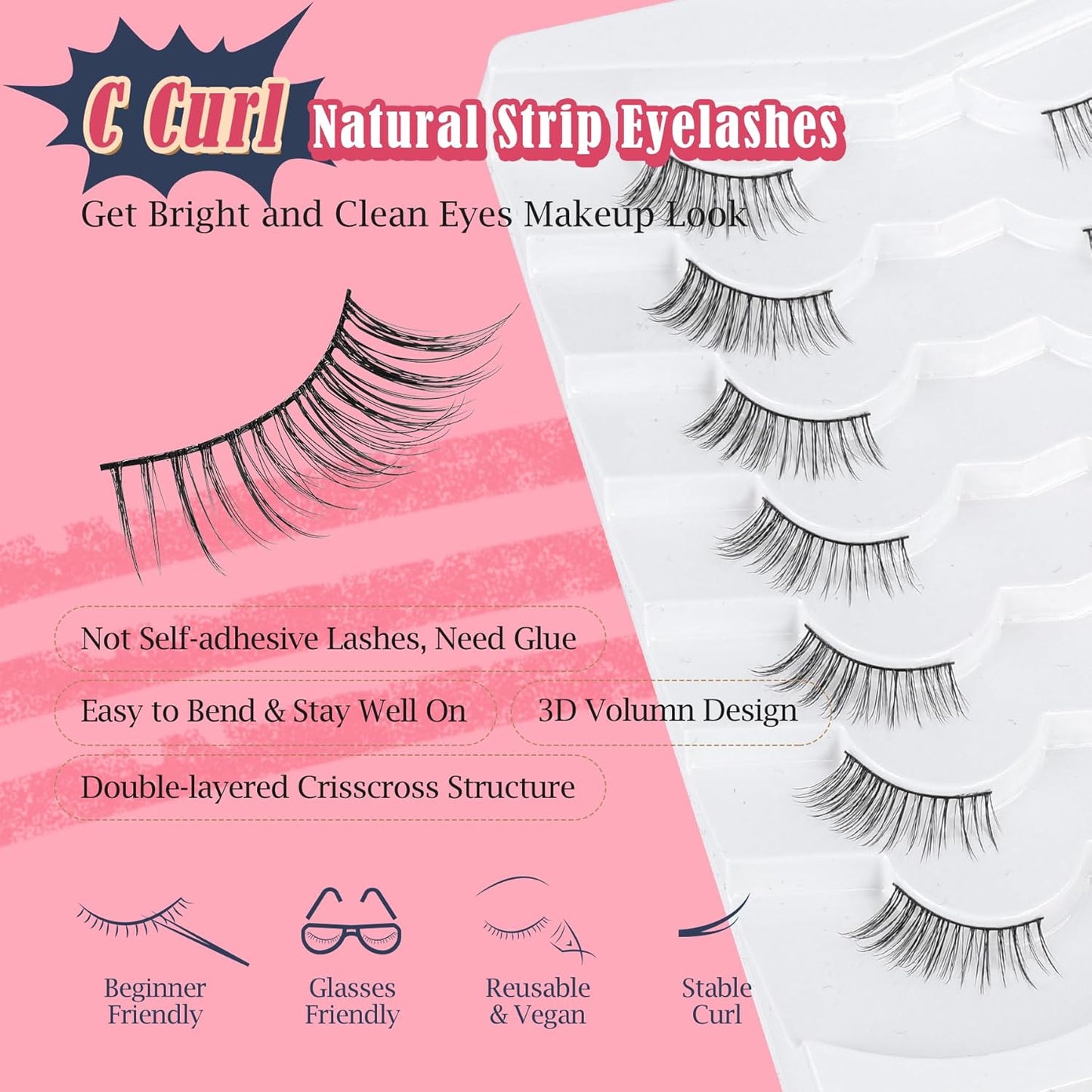Half Lashes Natural Look C Curl False Eyelashes Cat Eye 7 Pack Corner Lash Siligli-FemmiqueWomen