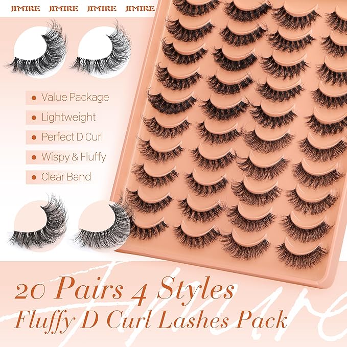 JIMIRE False Eyelashes 4 Styles Mixed Demi Wispies Cat Eye Lashes Mink Lashes Fluffy D Curl Russian Strip Lashes Natural Look Fake Lashes Pestañas 20 Pairs Pack-FemmiqueWomen