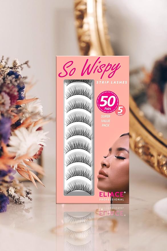 Eliace Luxurious 50 Pairs 5 Styles Cat Eye Lashes Wispy False Eyelashes Natural look 3D Mink Lashes Fake Eyelashes Kit, Thin Soft Band Comfortable Fluffy Volume Cross Strip Lash, with Lash Tweezers-FemmiqueWomen