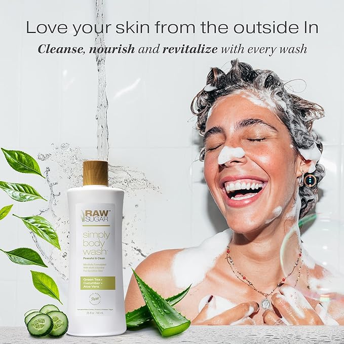 RAW SUGAR Sensitive Skin Simply Body Wash - Green Tea + Cucumber + Aloe Vera, Moisturizing & Brightening Bath & Shower Gel, Sulfate-Free, Paraben-Free & Vegan (Pack of 3)-FemmiqueWomen