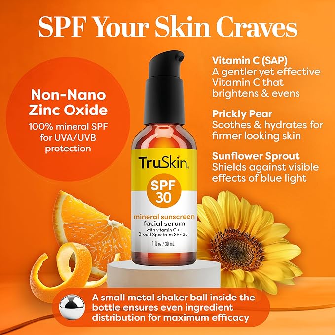 TruSkin Sunscreen Serum for Face – SPF 30 Universal Tinted Mineral Sunscreen Face Serum – Lightweight Transparent Finish – Zinc Oxide, Vitamin C, Hyaluronic Acid, Ceramides, All Skin Types, 1 fl oz-FemmiqueWomen