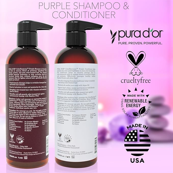 PURA D'OR 16 Oz ColorHarmony Purple Shampoo For Bleached, Blonde, Silver & Color Treated Hair - Keratin, Bamboo Fiber, No Sulfates, Select Natural Ingredients - Men & Women-FemmiqueWomen