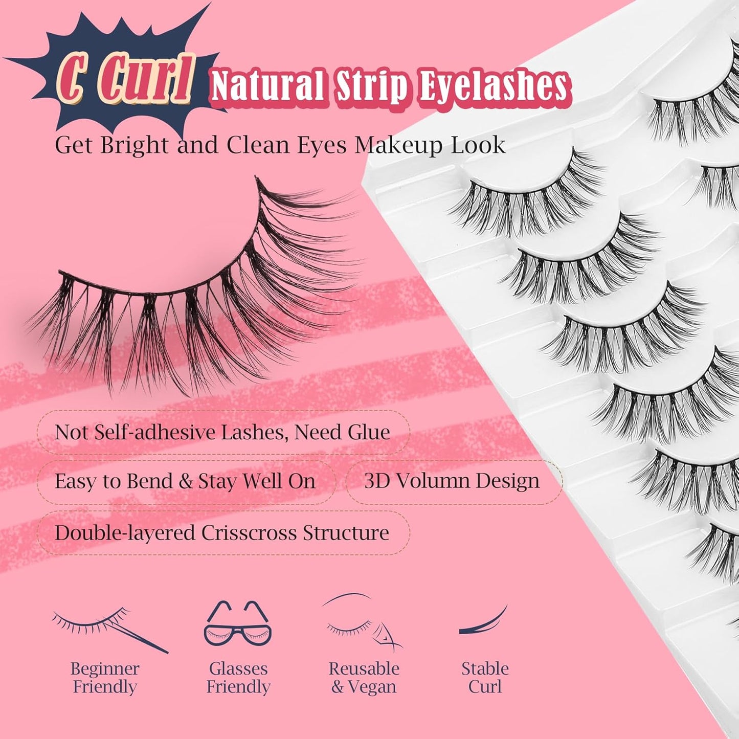 Strip Lashes Natural False Eyelashes Wispy Fake Eyelashes Soft False Lashes C Curl Natural Lash 13mm Siligli Eyelashes 7 Pair Eye Lashes Pack-FemmiqueWomen